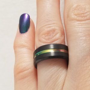 Black Holographic Ranbow Ring Band Size 6 Stainless Steel